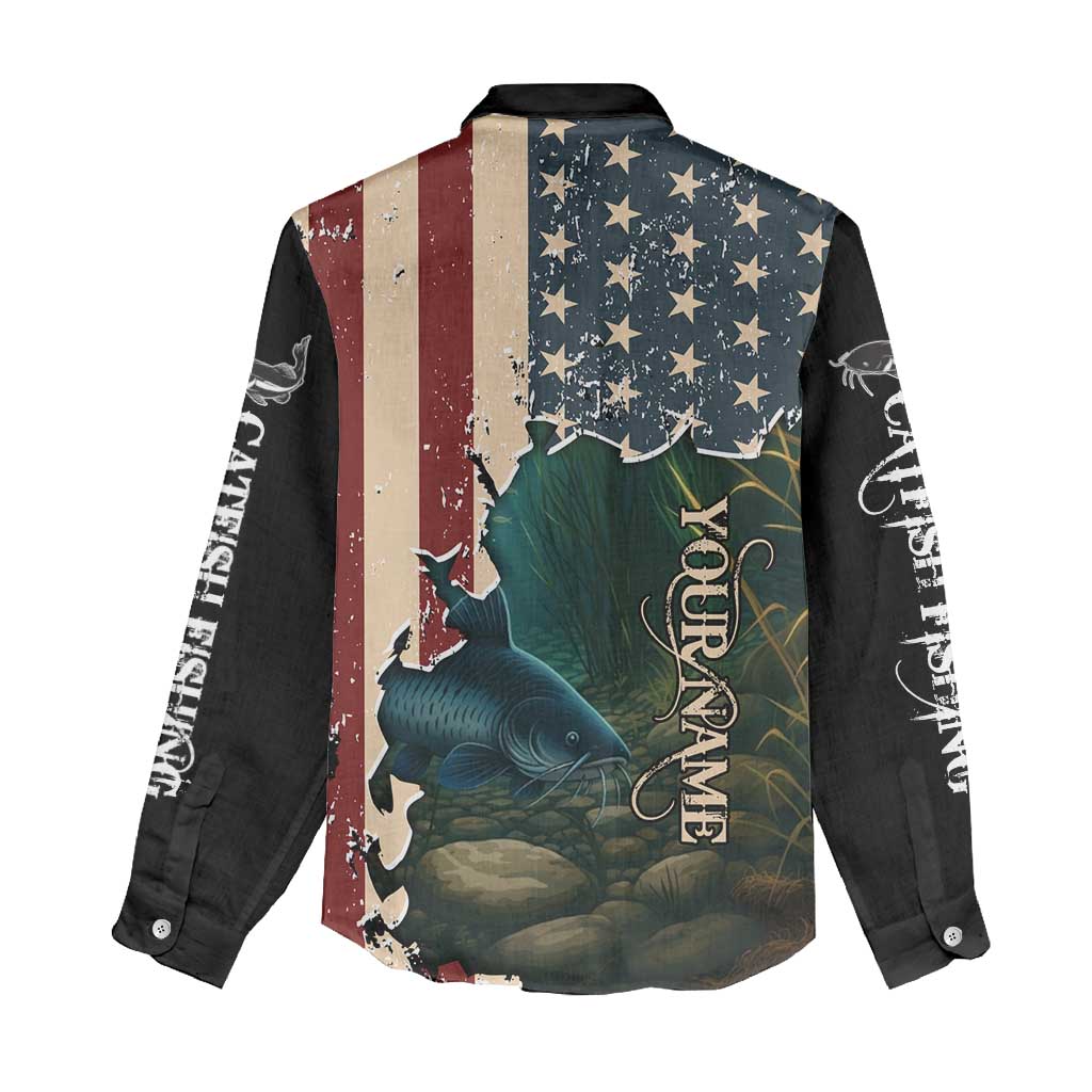 Catfish Fishing Women Casual Shirt with Underwater Scene and Distressed American Flag Background - Wonder Print Shop