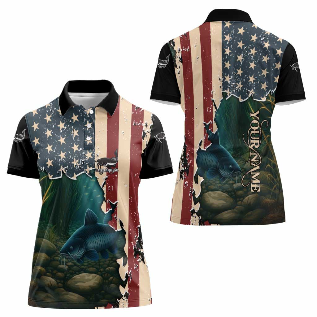 Catfish Fishing Women Polo Shirt with Underwater Scene and Distressed American Flag Background - Wonder Print Shop