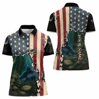 Catfish Fishing Women Polo Shirt with Underwater Scene and Distressed American Flag Background - Wonder Print Shop