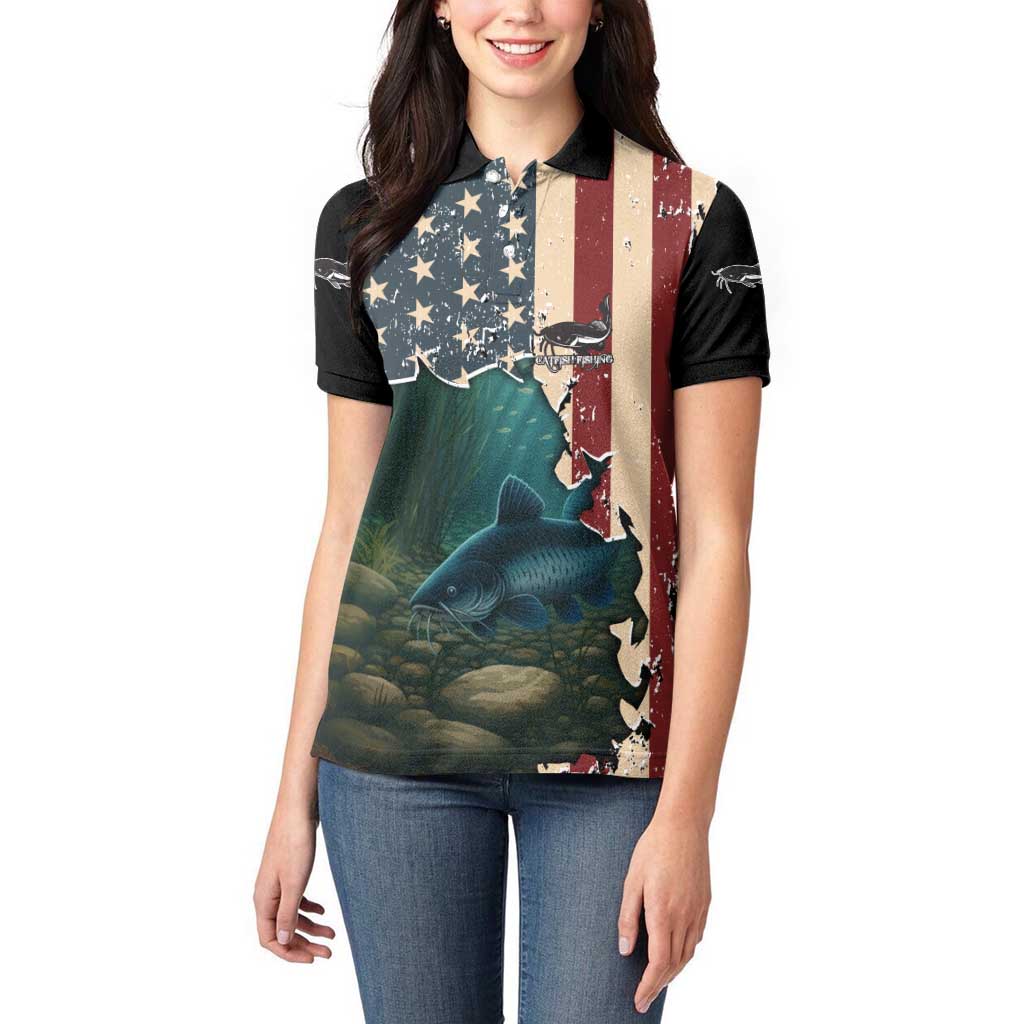 Catfish Fishing Women Polo Shirt with Underwater Scene and Distressed American Flag Background - Wonder Print Shop