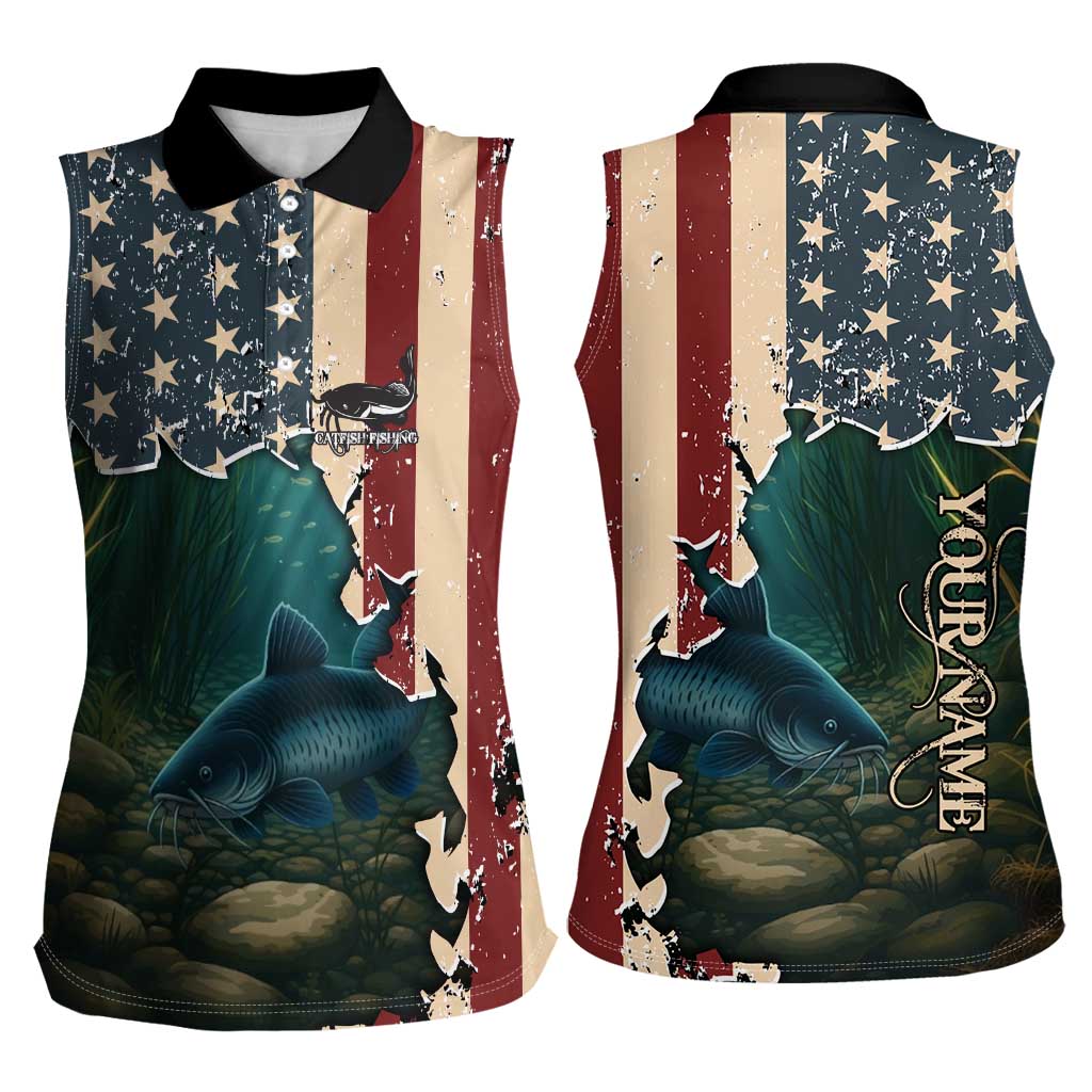 Catfish Fishing Women Sleeveless Polo Shirt with Underwater Scene and Distressed American Flag Background - Wonder Print Shop
