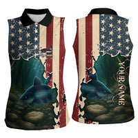 Catfish Fishing Women Sleeveless Polo Shirt with Underwater Scene and Distressed American Flag Background - Wonder Print Shop