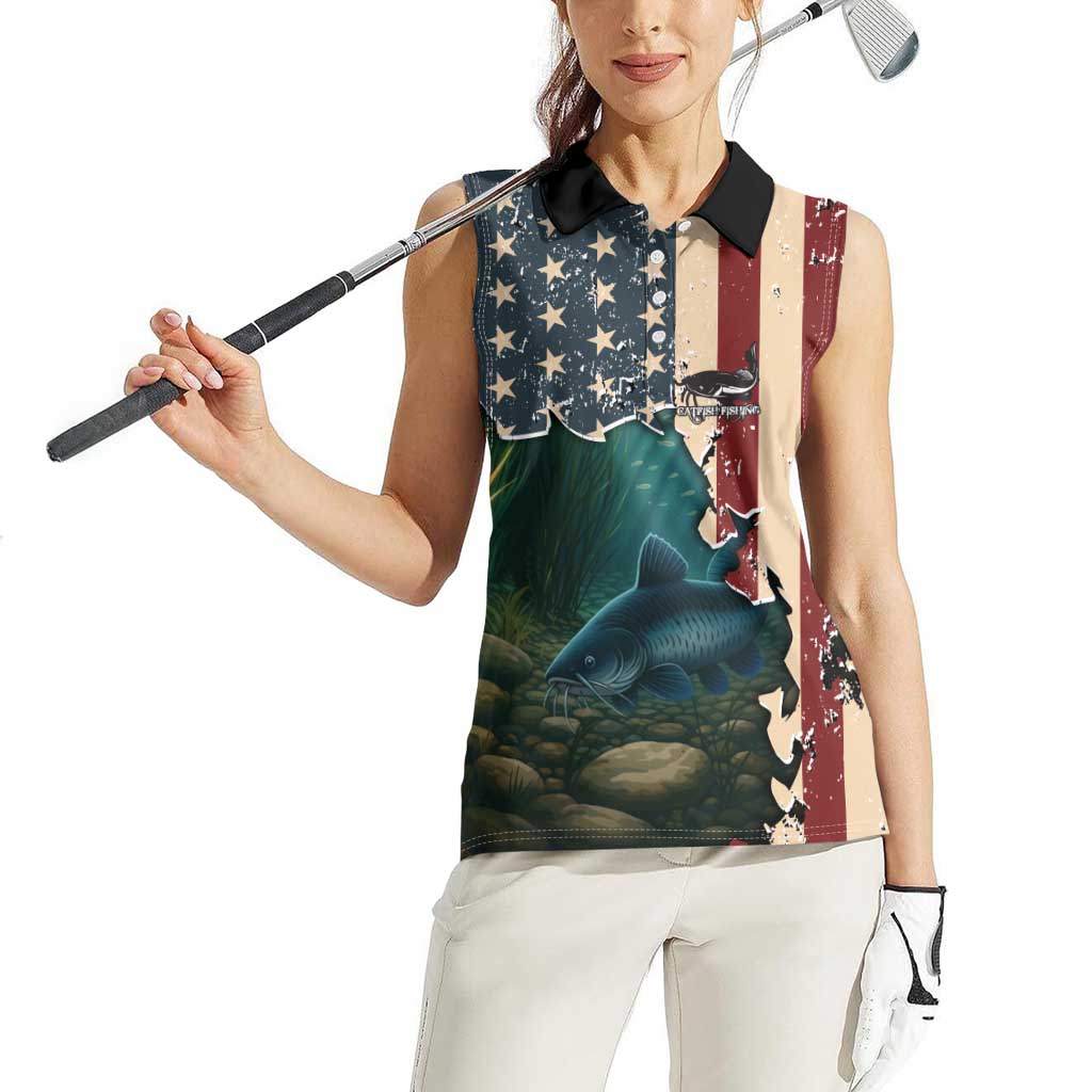 Catfish Fishing Women Sleeveless Polo Shirt with Underwater Scene and Distressed American Flag Background - Wonder Print Shop