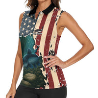 Catfish Fishing Women Sleeveless Polo Shirt with Underwater Scene and Distressed American Flag Background - Wonder Print Shop