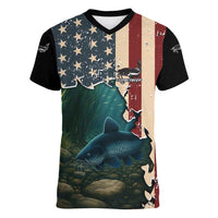 Catfish Fishing Women V-Neck T-Shirt with Underwater Scene and Distressed American Flag Background - Wonder Print Shop