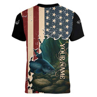 Catfish Fishing Women V-Neck T-Shirt with Underwater Scene and Distressed American Flag Background - Wonder Print Shop