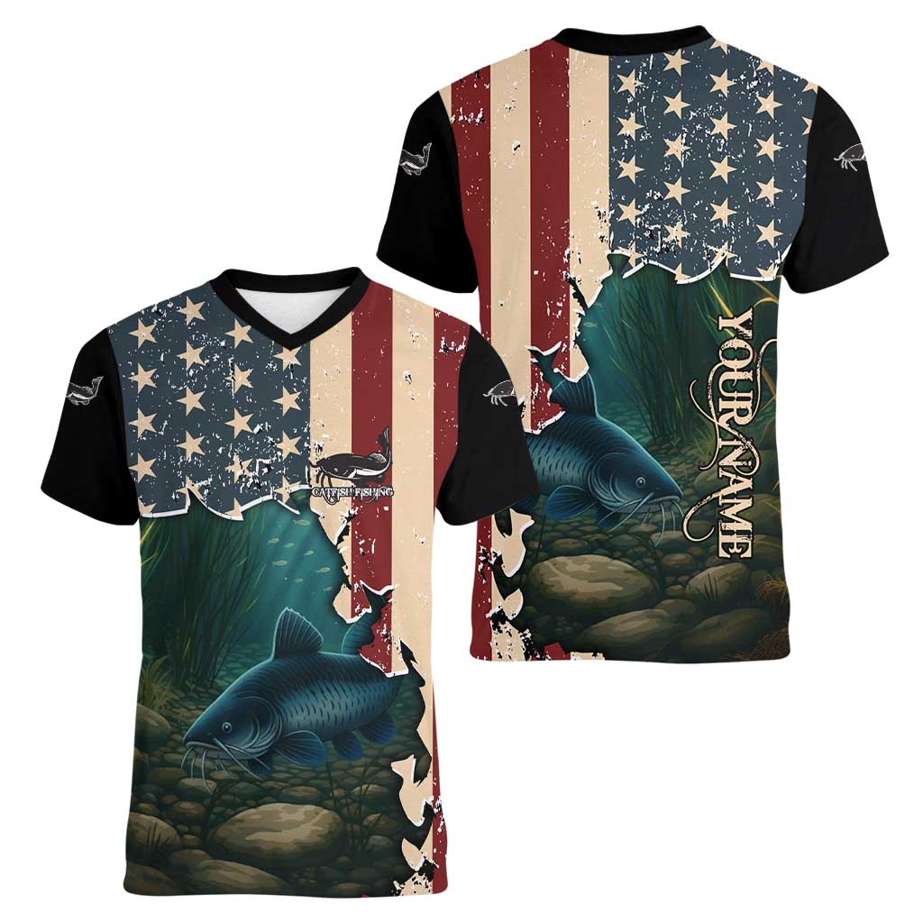 Catfish Fishing Women V-Neck T-Shirt with Underwater Scene and Distressed American Flag Background - Wonder Print Shop