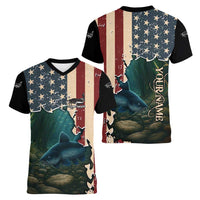 Catfish Fishing Women V-Neck T-Shirt with Underwater Scene and Distressed American Flag Background - Wonder Print Shop