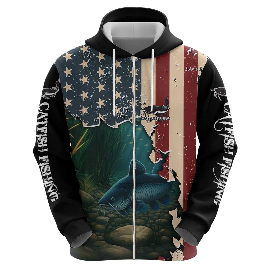Catfish Fishing Zip Hoodie with Underwater Scene and Distressed American Flag Background - Wonder Print Shop