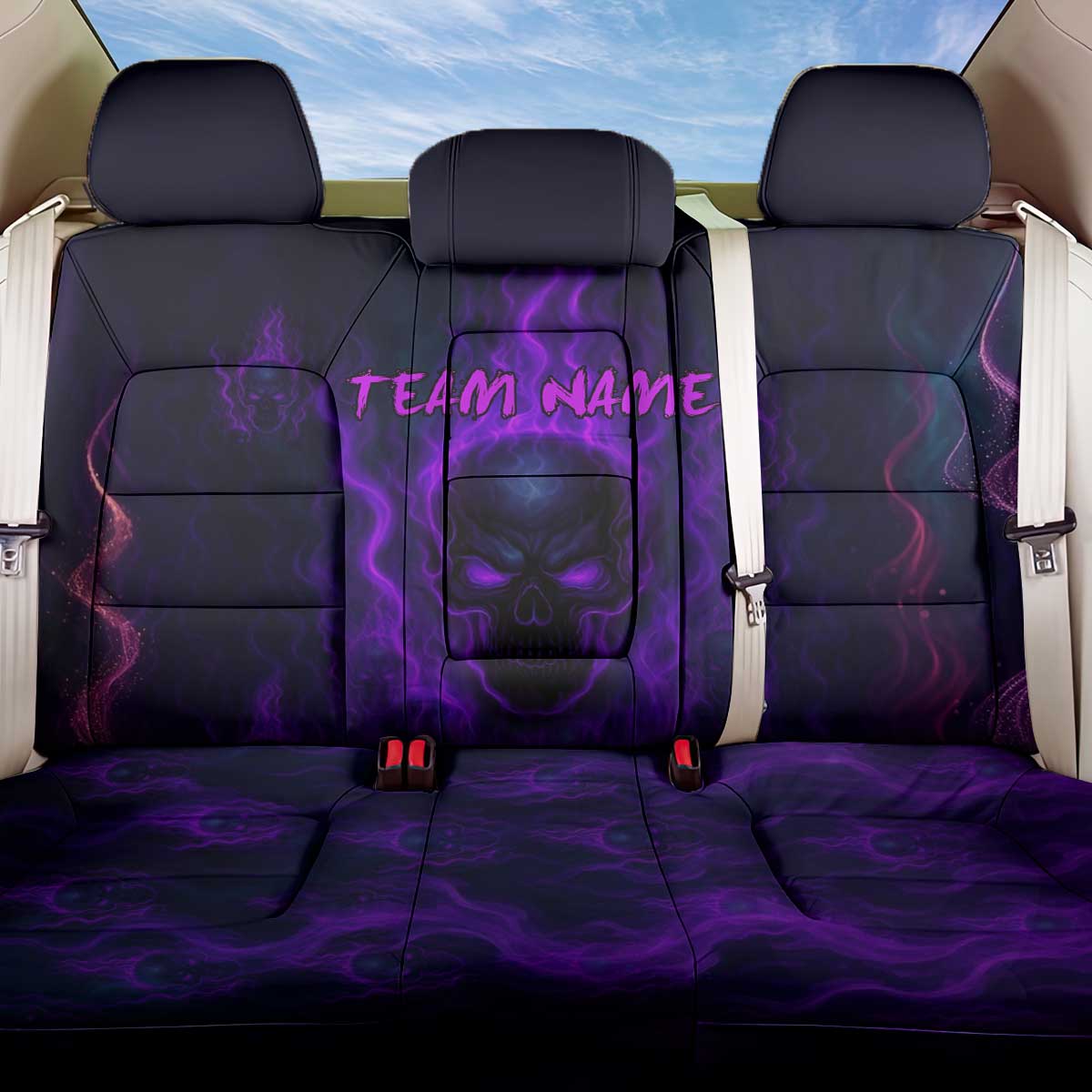 Custom Bowling Purple Flame Skull Back Car Seat Cover Custom Team Name on Dark Background - Wonder Print Shop