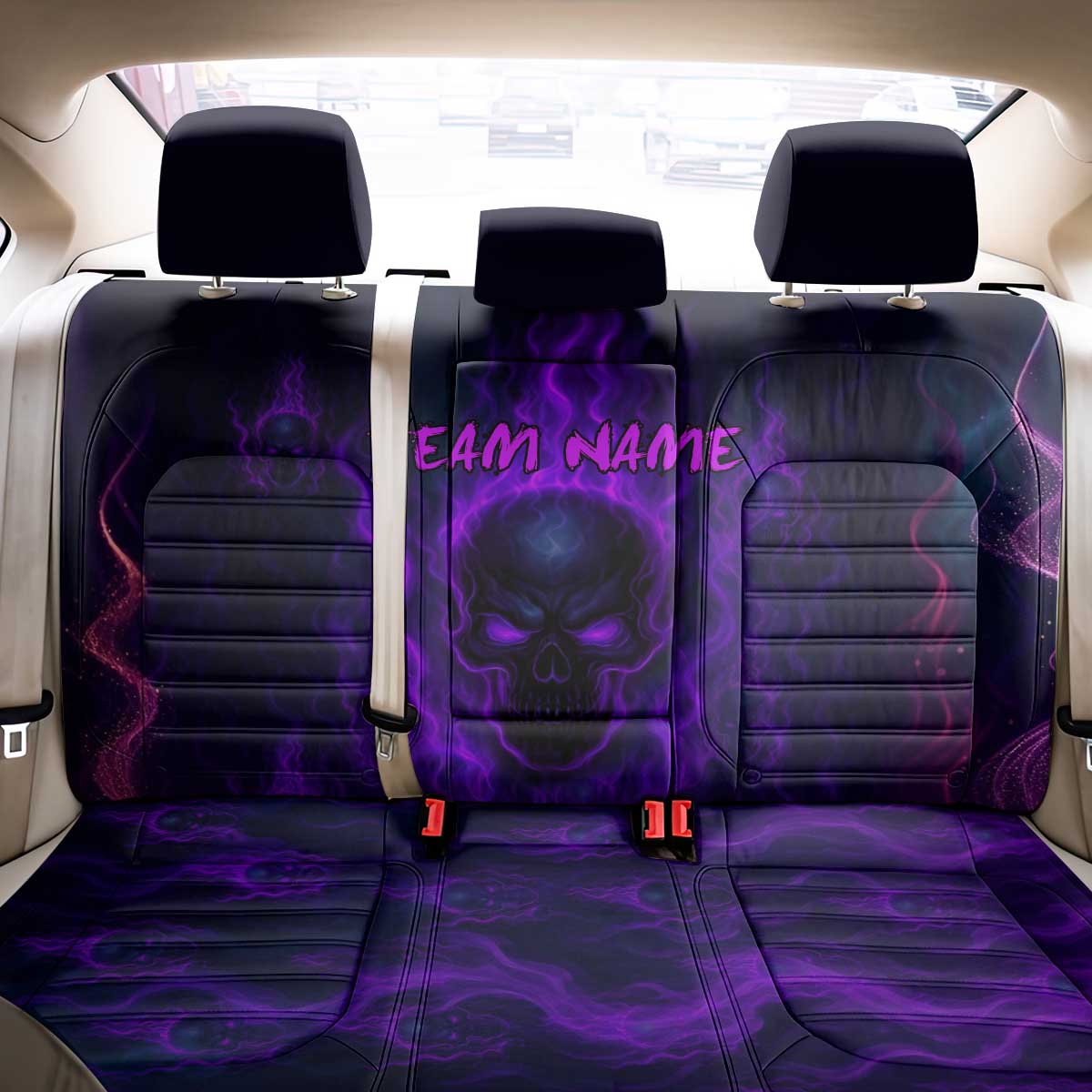 Custom Bowling Purple Flame Skull Back Car Seat Cover Custom Team Name on Dark Background - Wonder Print Shop