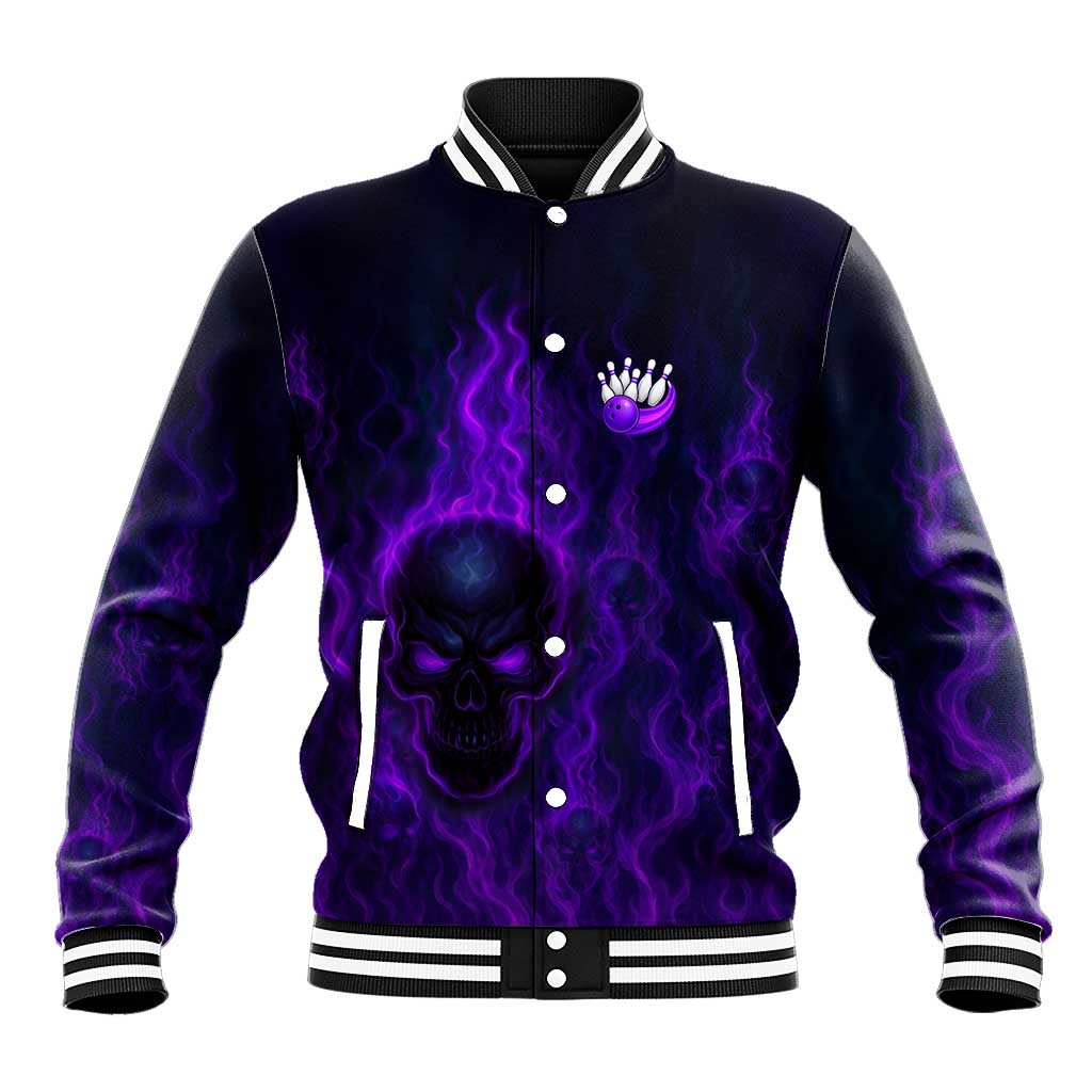 Custom Bowling Purple Flame Skull Baseball Jacket Custom Team Name on Dark Background - Wonder Print Shop
