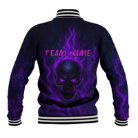 Custom Bowling Purple Flame Skull Baseball Jacket Custom Team Name on Dark Background - Wonder Print Shop