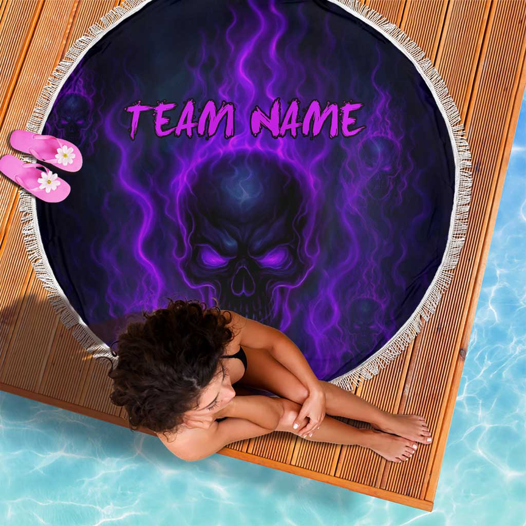 Custom Bowling Purple Flame Skull Beach Blanket Custom Team Name on Dark Background - Wonder Print Shop