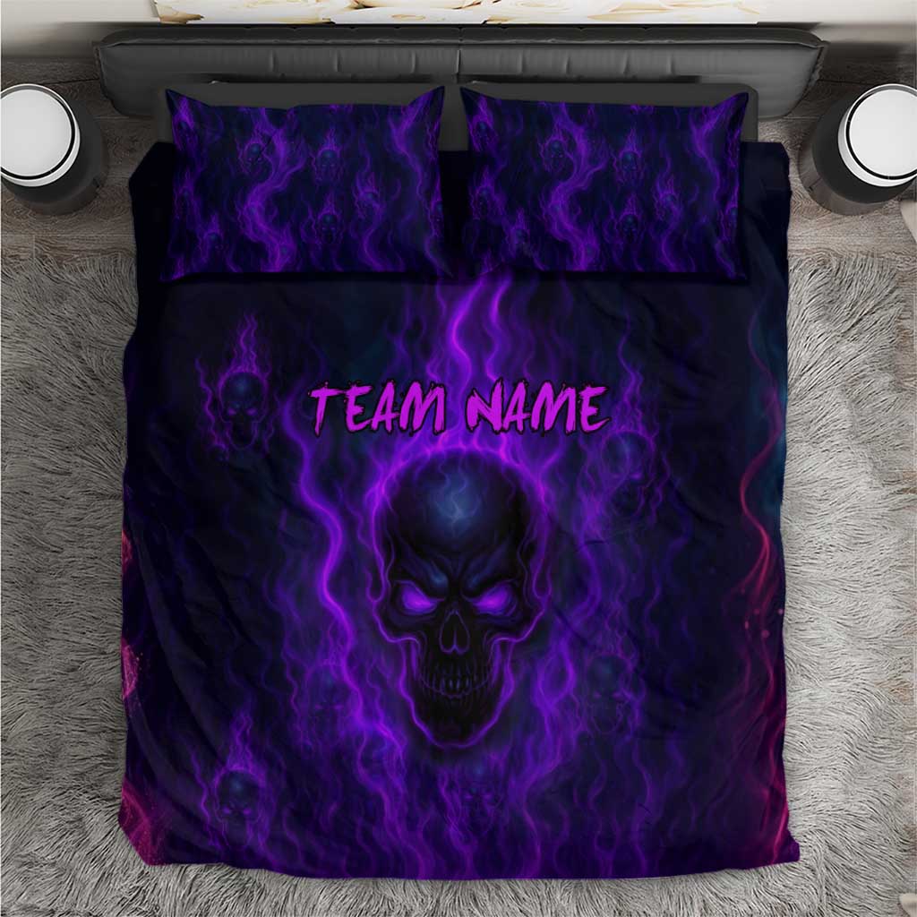 Custom Bowling Purple Flame Skull Bedding Set Custom Team Name on Dark Background - Wonder Print Shop