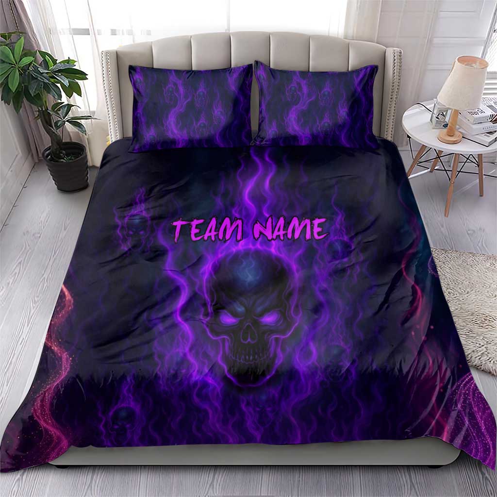 Custom Bowling Purple Flame Skull Bedding Set Custom Team Name on Dark Background - Wonder Print Shop
