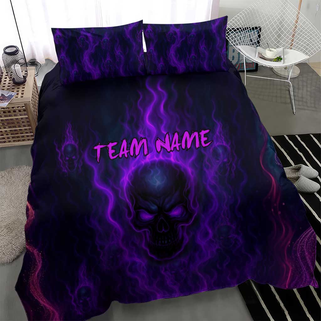 Custom Bowling Purple Flame Skull Bedding Set Custom Team Name on Dark Background - Wonder Print Shop