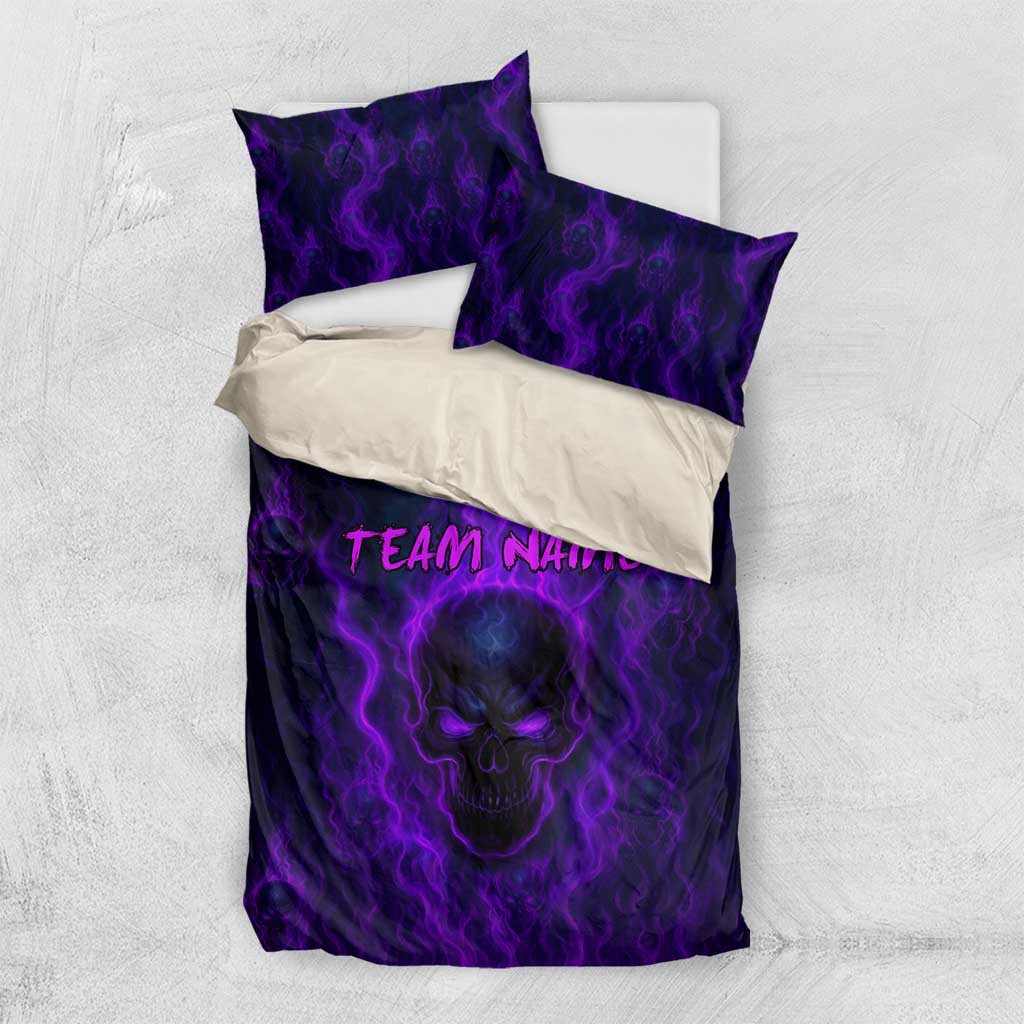 Custom Bowling Purple Flame Skull Bedding Set Custom Team Name on Dark Background - Wonder Print Shop