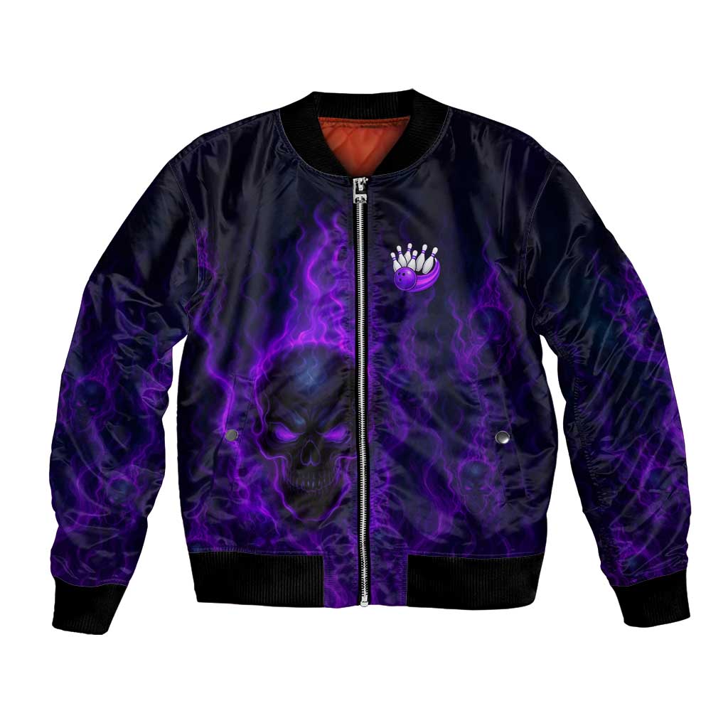 Custom Bowling Purple Flame Skull Bomber Jacket Custom Team Name on Dark Background - Wonder Print Shop