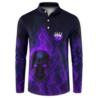 Custom Bowling Purple Flame Skull Button Sweatshirt Custom Team Name on Dark Background - Wonder Print Shop