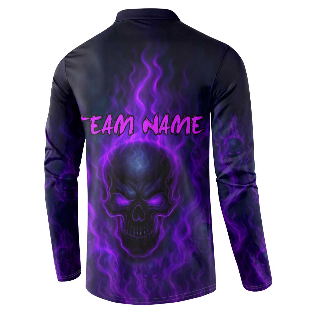 Custom Bowling Purple Flame Skull Button Sweatshirt Custom Team Name on Dark Background - Wonder Print Shop