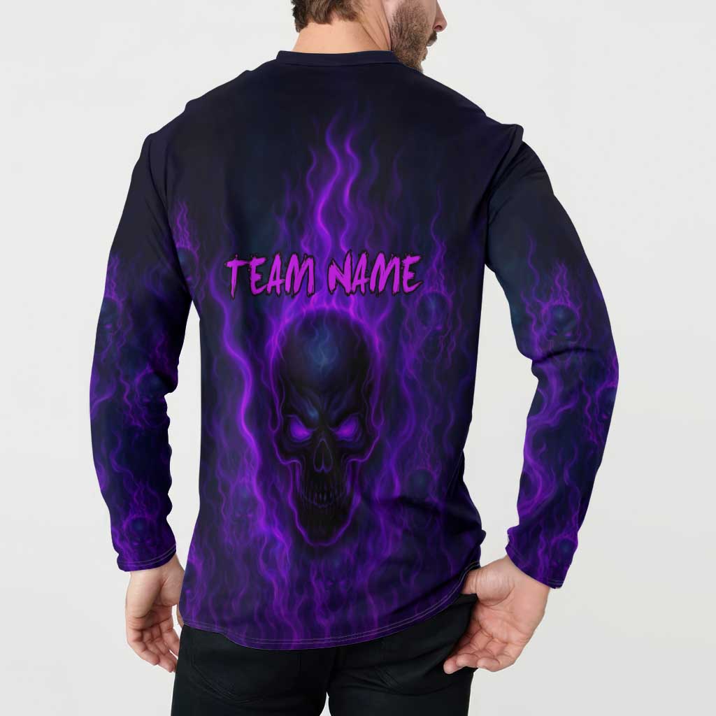 Custom Bowling Purple Flame Skull Button Sweatshirt Custom Team Name on Dark Background - Wonder Print Shop