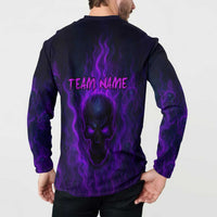 Custom Bowling Purple Flame Skull Button Sweatshirt Custom Team Name on Dark Background - Wonder Print Shop