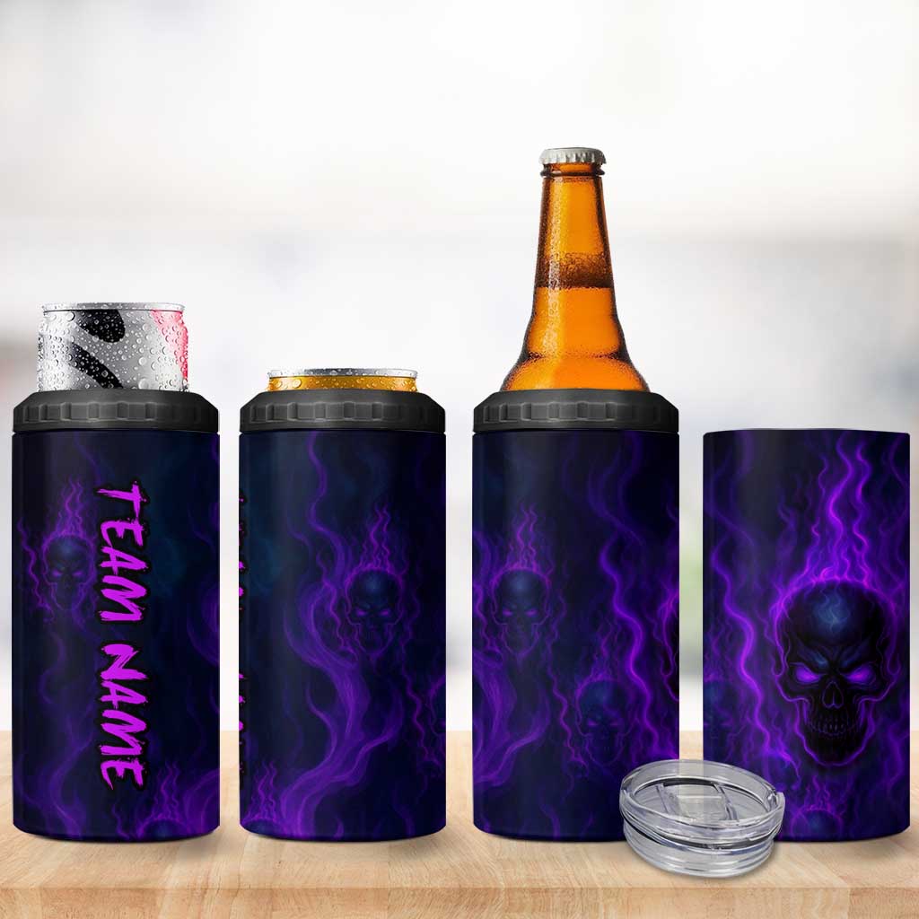 Custom Bowling Purple Flame Skull 4 in 1 Can Cooler Tumbler Custom Team Name on Dark Background - Wonder Print Shop