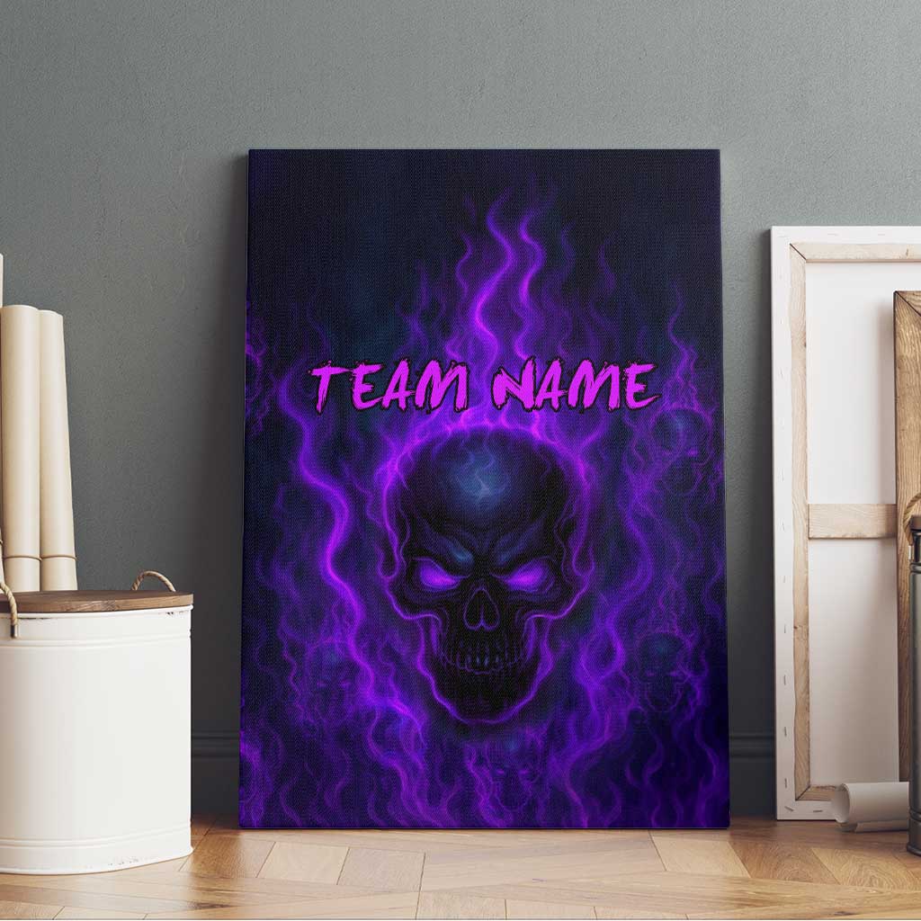 Custom Bowling Purple Flame Skull Canvas Wall Art Custom Team Name on Dark Background - Wonder Print Shop