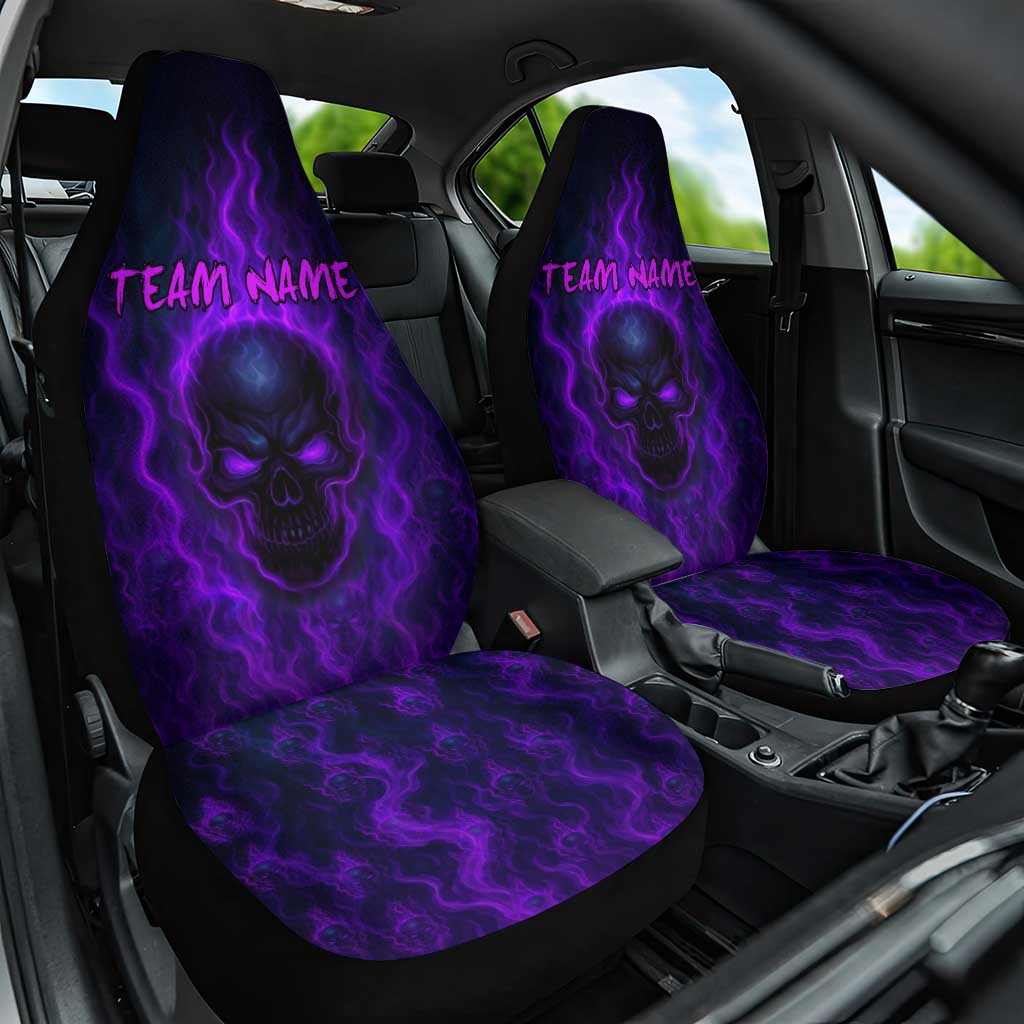 Custom Bowling Purple Flame Skull Car Seat Cover Custom Team Name on Dark Background - Wonder Print Shop