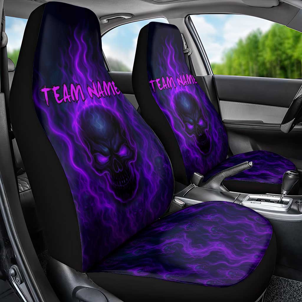 Custom Bowling Purple Flame Skull Car Seat Cover Custom Team Name on Dark Background - Wonder Print Shop