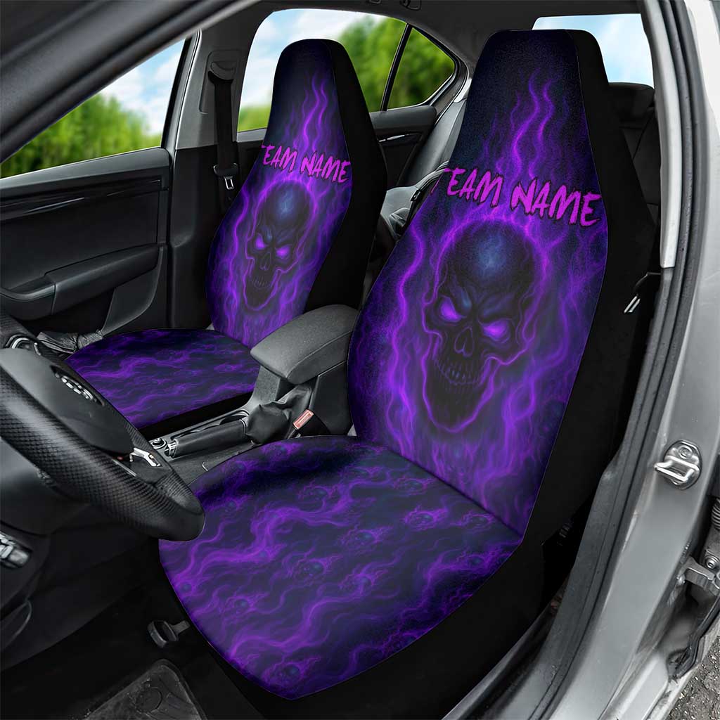 Custom Bowling Purple Flame Skull Car Seat Cover Custom Team Name on Dark Background - Wonder Print Shop