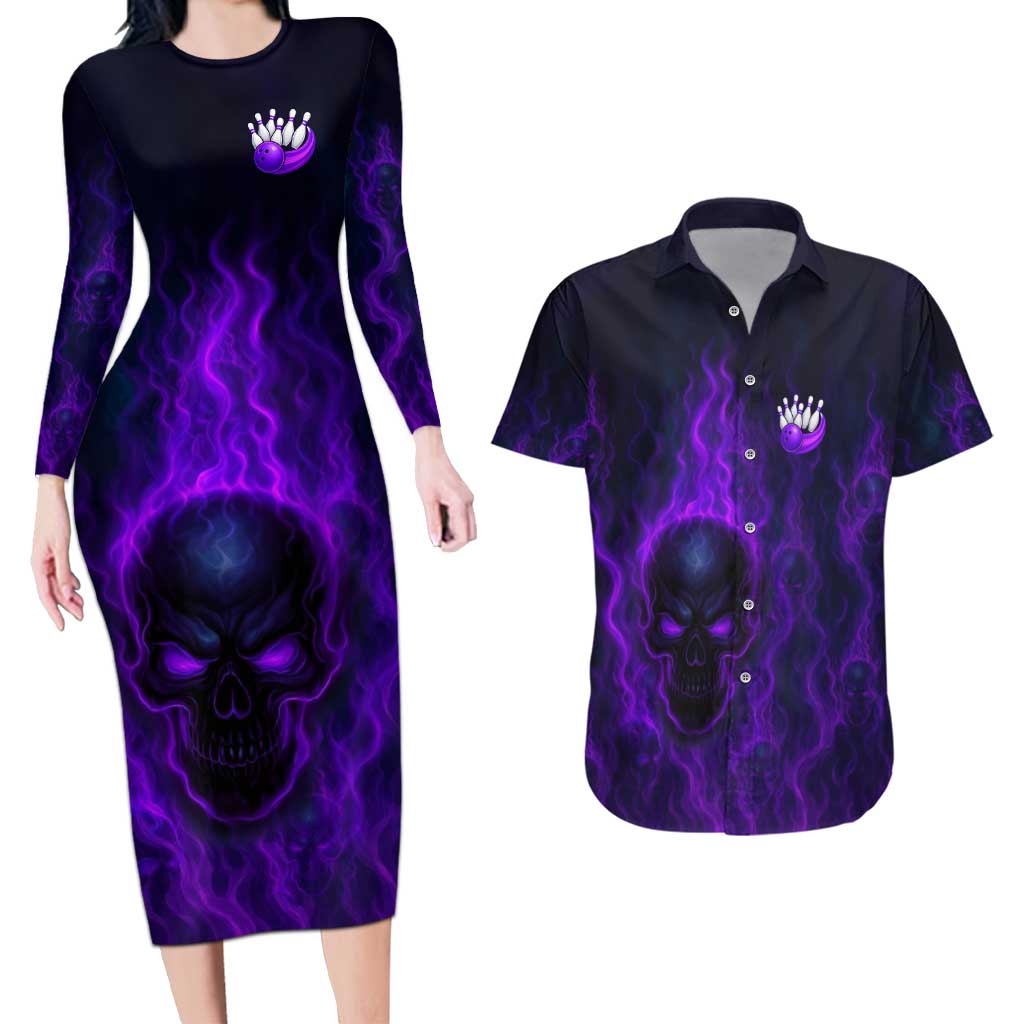 Custom Bowling Purple Flame Skull Couples Matching Long Sleeve Bodycon Dress and Hawaiian Shirt Custom Team Name on Dark Background - Wonder Print Shop