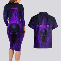 Custom Bowling Purple Flame Skull Couples Matching Long Sleeve Bodycon Dress and Hawaiian Shirt Custom Team Name on Dark Background - Wonder Print Shop