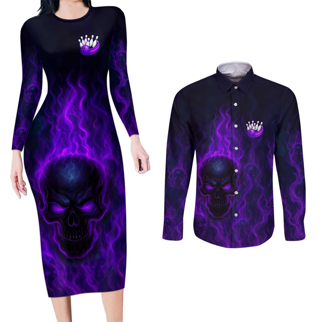 Custom Bowling Purple Flame Skull Couples Matching Long Sleeve Bodycon Dress and Long Sleeve Button Shirt Custom Team Name on Dark Background - Wonder Print Shop