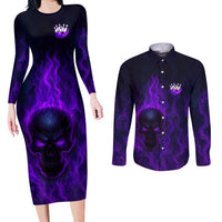 Custom Bowling Purple Flame Skull Couples Matching Long Sleeve Bodycon Dress and Long Sleeve Button Shirt Custom Team Name on Dark Background - Wonder Print Shop