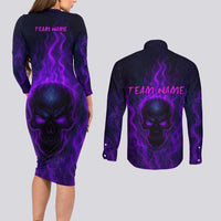 Custom Bowling Purple Flame Skull Couples Matching Long Sleeve Bodycon Dress and Long Sleeve Button Shirt Custom Team Name on Dark Background - Wonder Print Shop