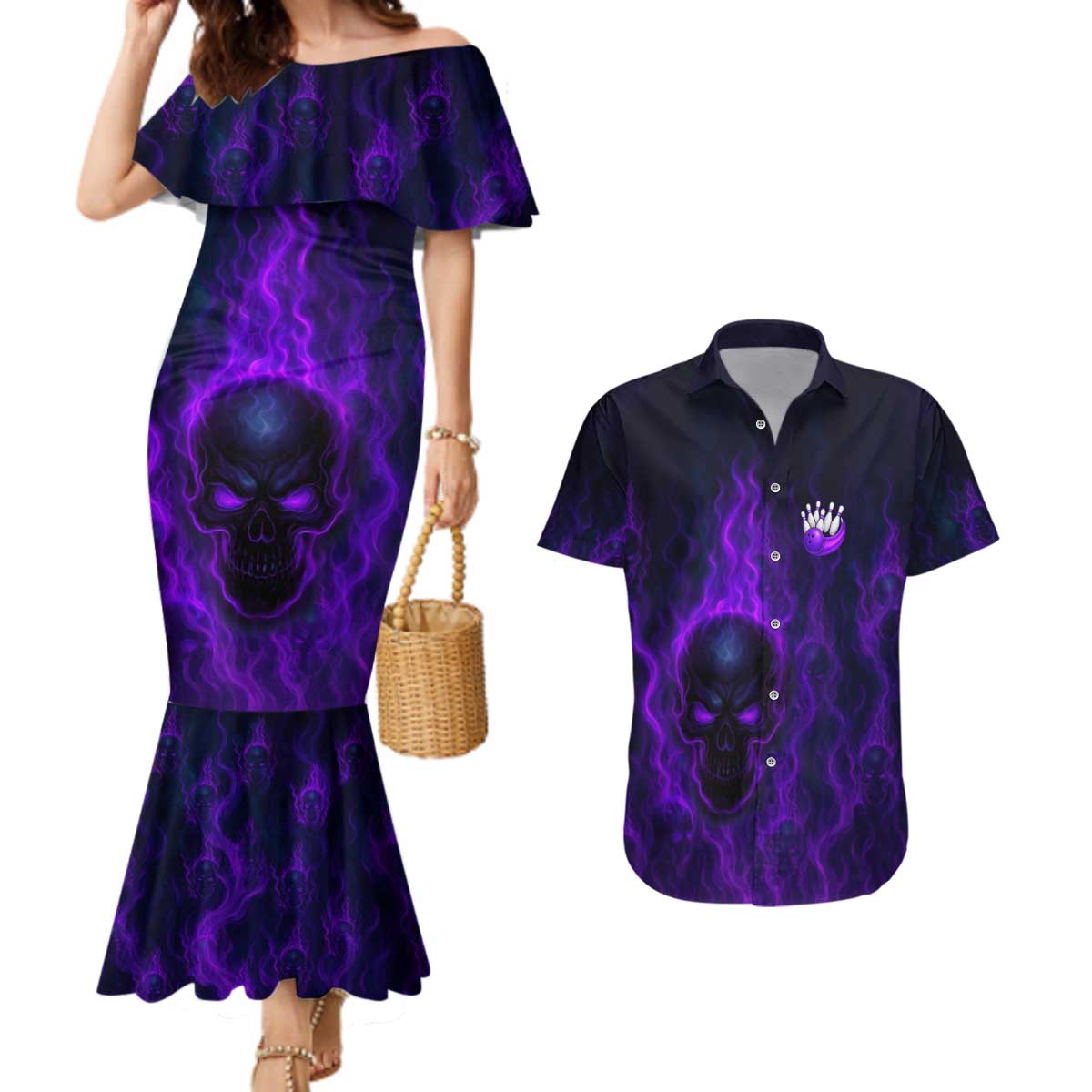 Custom Bowling Purple Flame Skull Couples Matching Mermaid Dress and Hawaiian Shirt Custom Team Name on Dark Background - Wonder Print Shop