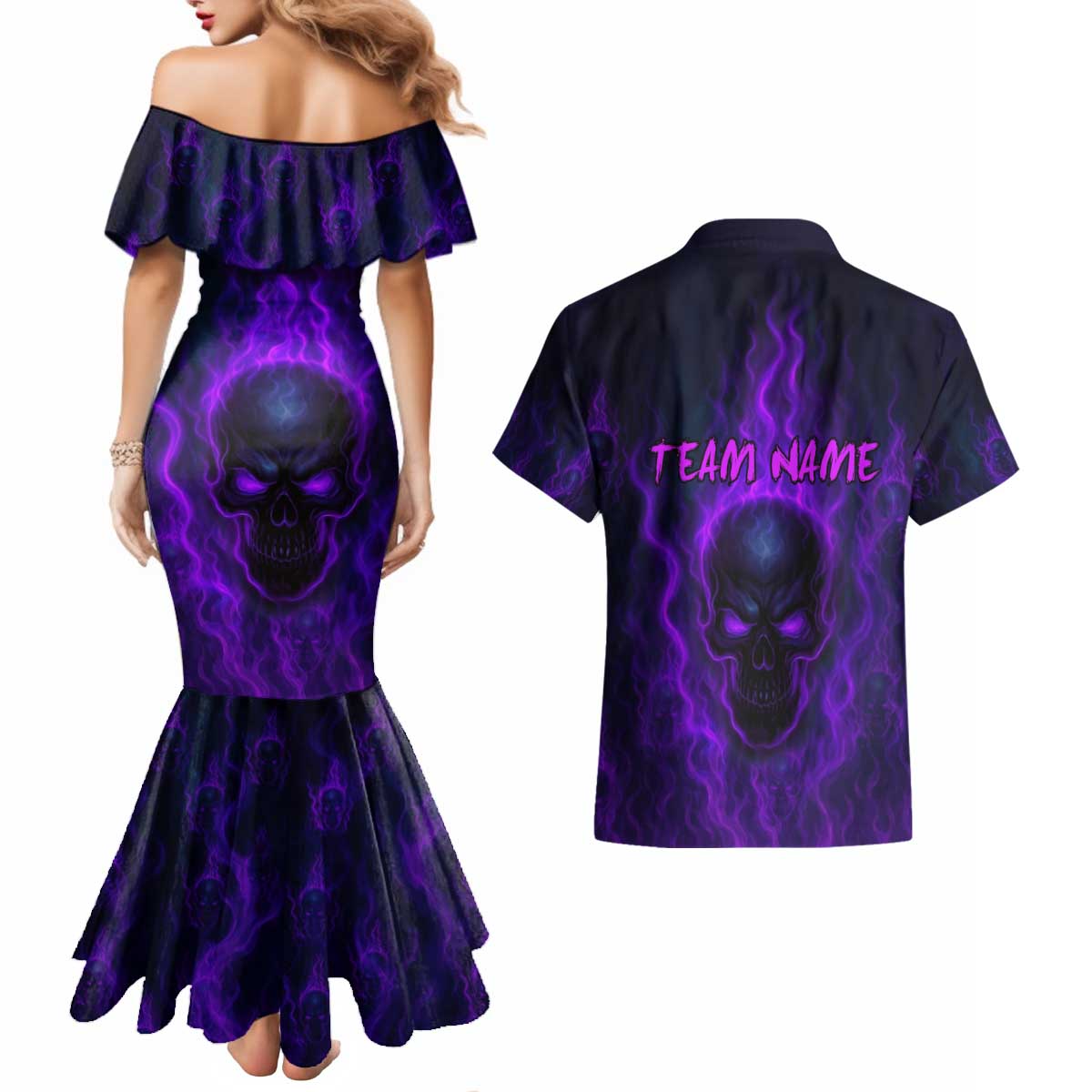 Custom Bowling Purple Flame Skull Couples Matching Mermaid Dress and Hawaiian Shirt Custom Team Name on Dark Background - Wonder Print Shop