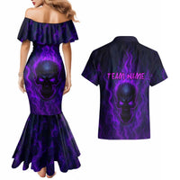 Custom Bowling Purple Flame Skull Couples Matching Mermaid Dress and Hawaiian Shirt Custom Team Name on Dark Background - Wonder Print Shop