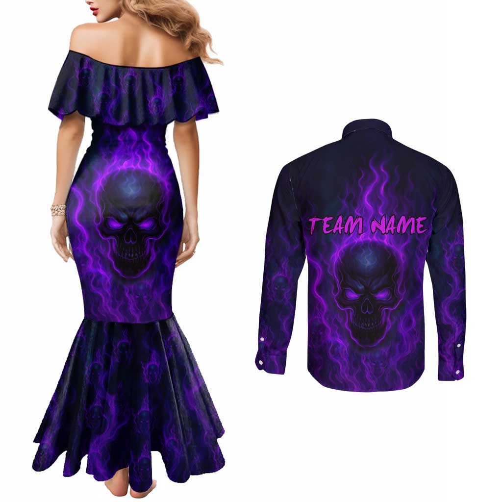 Custom Bowling Purple Flame Skull Couples Matching Mermaid Dress and Long Sleeve Button Shirt Custom Team Name on Dark Background - Wonder Print Shop