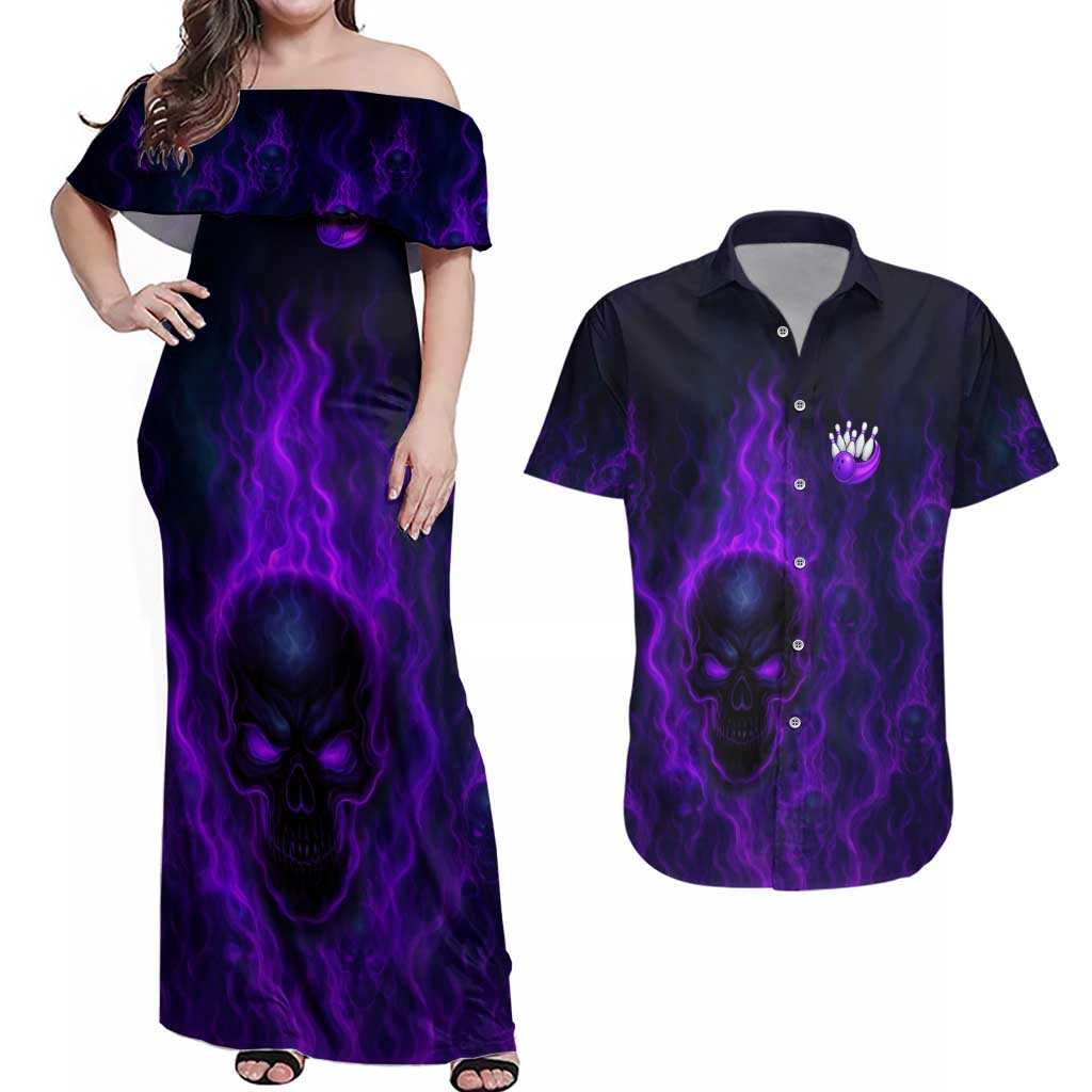 Custom Bowling Purple Flame Skull Couples Matching Off Shoulder Maxi Dress and Hawaiian Shirt Custom Team Name on Dark Background - Wonder Print Shop