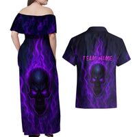 Custom Bowling Purple Flame Skull Couples Matching Off Shoulder Maxi Dress and Hawaiian Shirt Custom Team Name on Dark Background - Wonder Print Shop