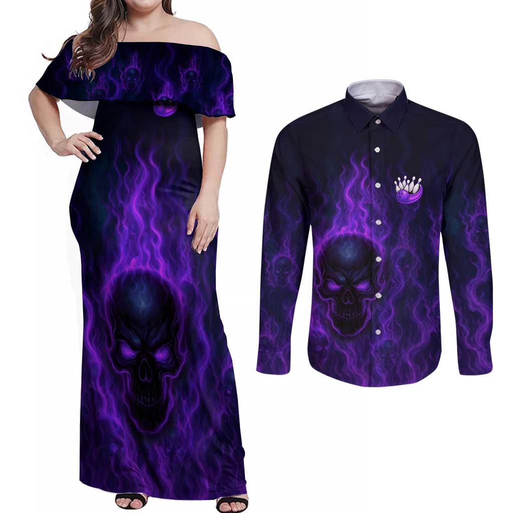 Custom Bowling Purple Flame Skull Couples Matching Off Shoulder Maxi Dress and Long Sleeve Button Shirt Custom Team Name on Dark Background - Wonder Print Shop