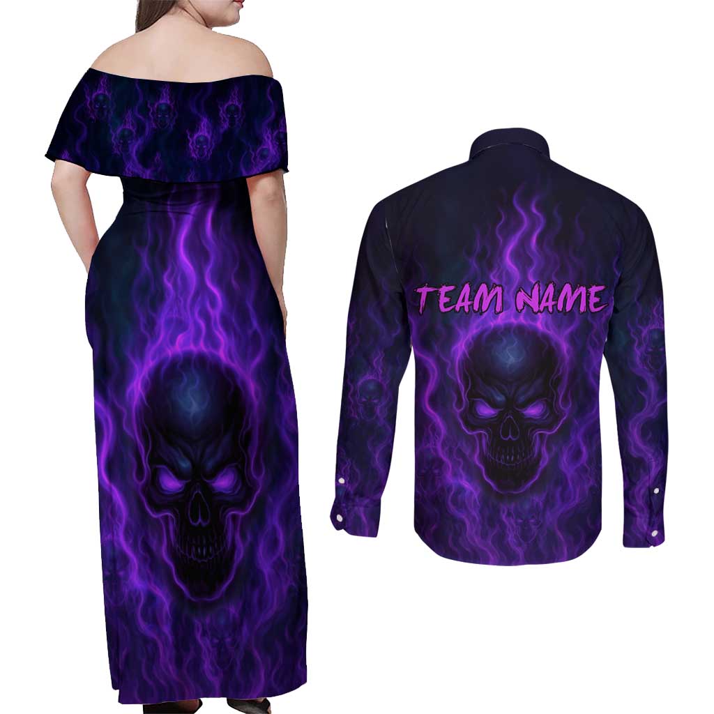 Custom Bowling Purple Flame Skull Couples Matching Off Shoulder Maxi Dress and Long Sleeve Button Shirt Custom Team Name on Dark Background - Wonder Print Shop