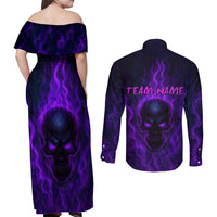 Custom Bowling Purple Flame Skull Couples Matching Off Shoulder Maxi Dress and Long Sleeve Button Shirt Custom Team Name on Dark Background - Wonder Print Shop