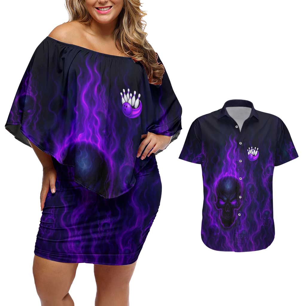 Custom Bowling Purple Flame Skull Couples Matching Off Shoulder Short Dress and Hawaiian Shirt Custom Team Name on Dark Background - Wonder Print Shop