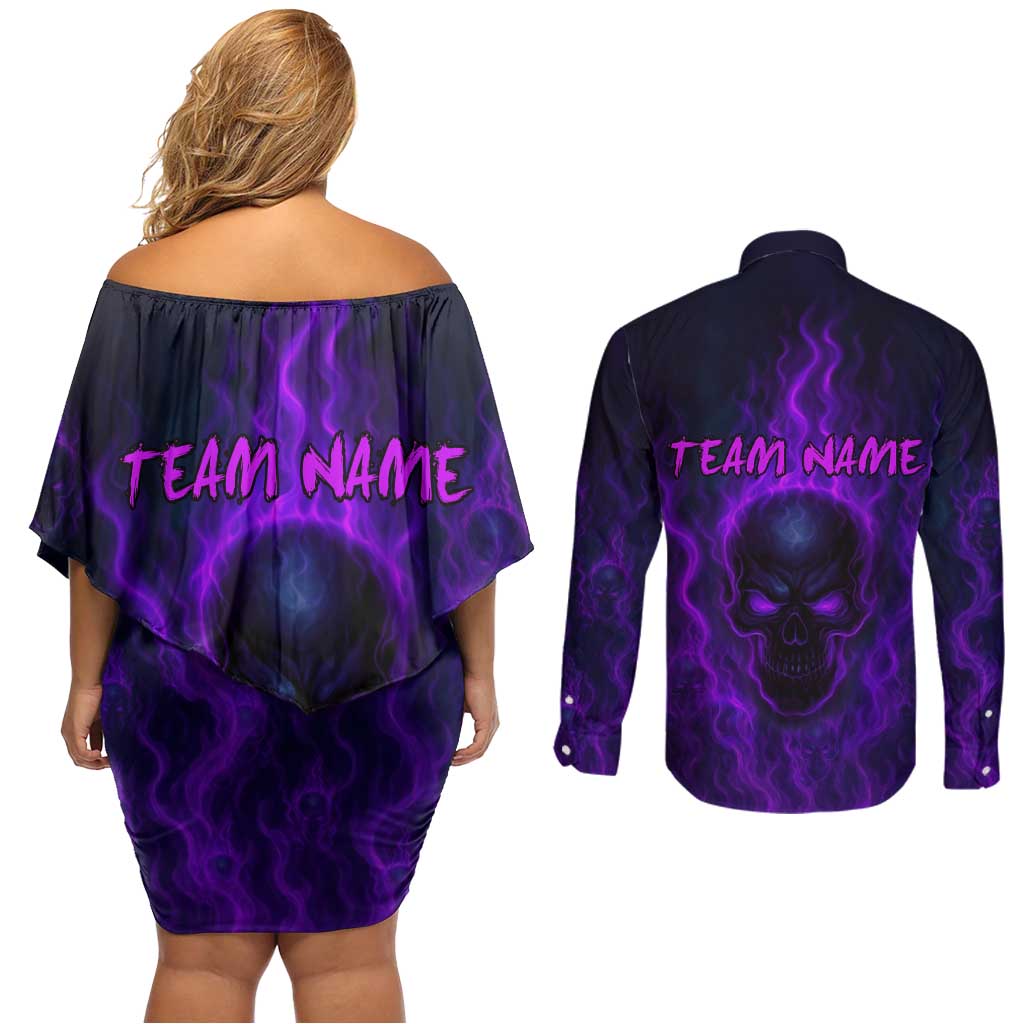 Custom Bowling Purple Flame Skull Couples Matching Off Shoulder Short Dress and Long Sleeve Button Shirt Custom Team Name on Dark Background - Wonder Print Shop