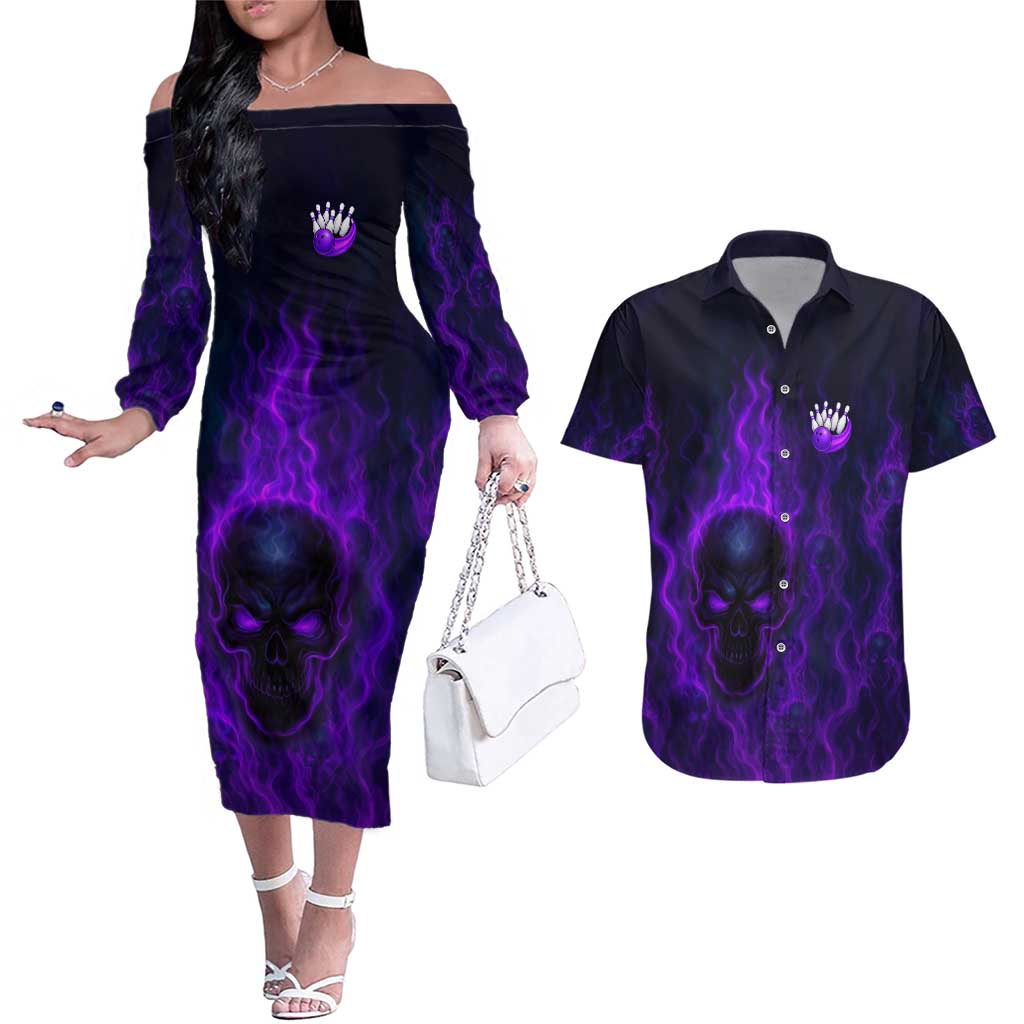 Custom Bowling Purple Flame Skull Couples Matching Off The Shoulder Long Sleeve Dress and Hawaiian Shirt Custom Team Name on Dark Background - Wonder Print Shop