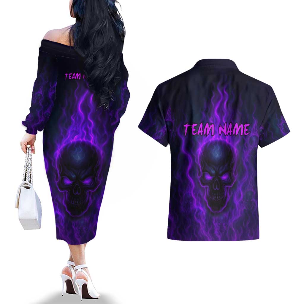 Custom Bowling Purple Flame Skull Couples Matching Off The Shoulder Long Sleeve Dress and Hawaiian Shirt Custom Team Name on Dark Background - Wonder Print Shop